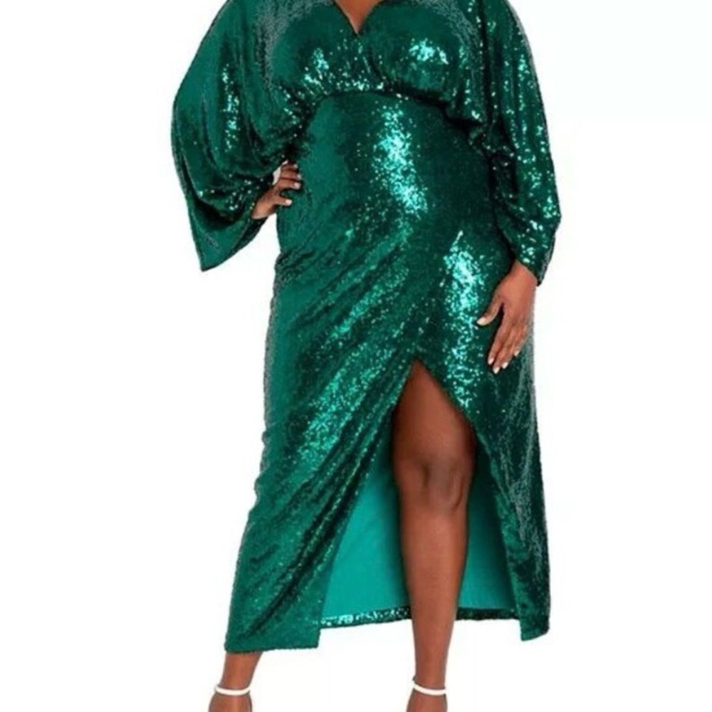 Eloqui Emerald Green Sequin Wrap Dress